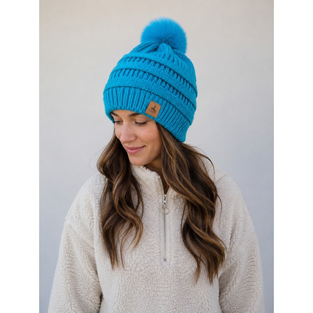 Lorome Turquoise Blue Chunky Knit Pom Pom Beanie Winter Hat Cozy Ski